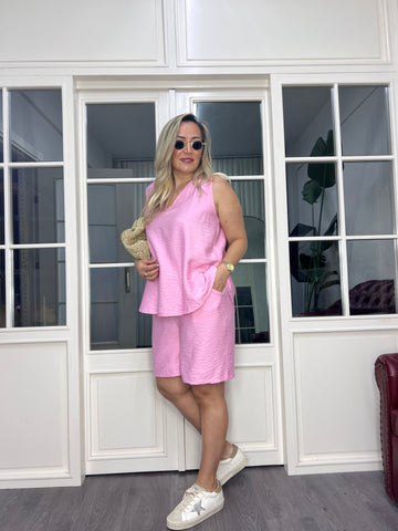 A02590 pembe ayrobin kumaş beli lastikli şort takım