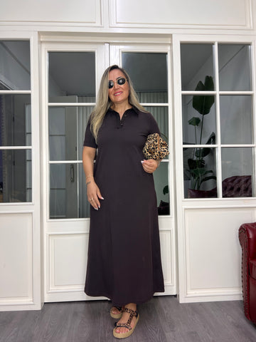 A02639 kahve likralı yakalı düz kesim elbise