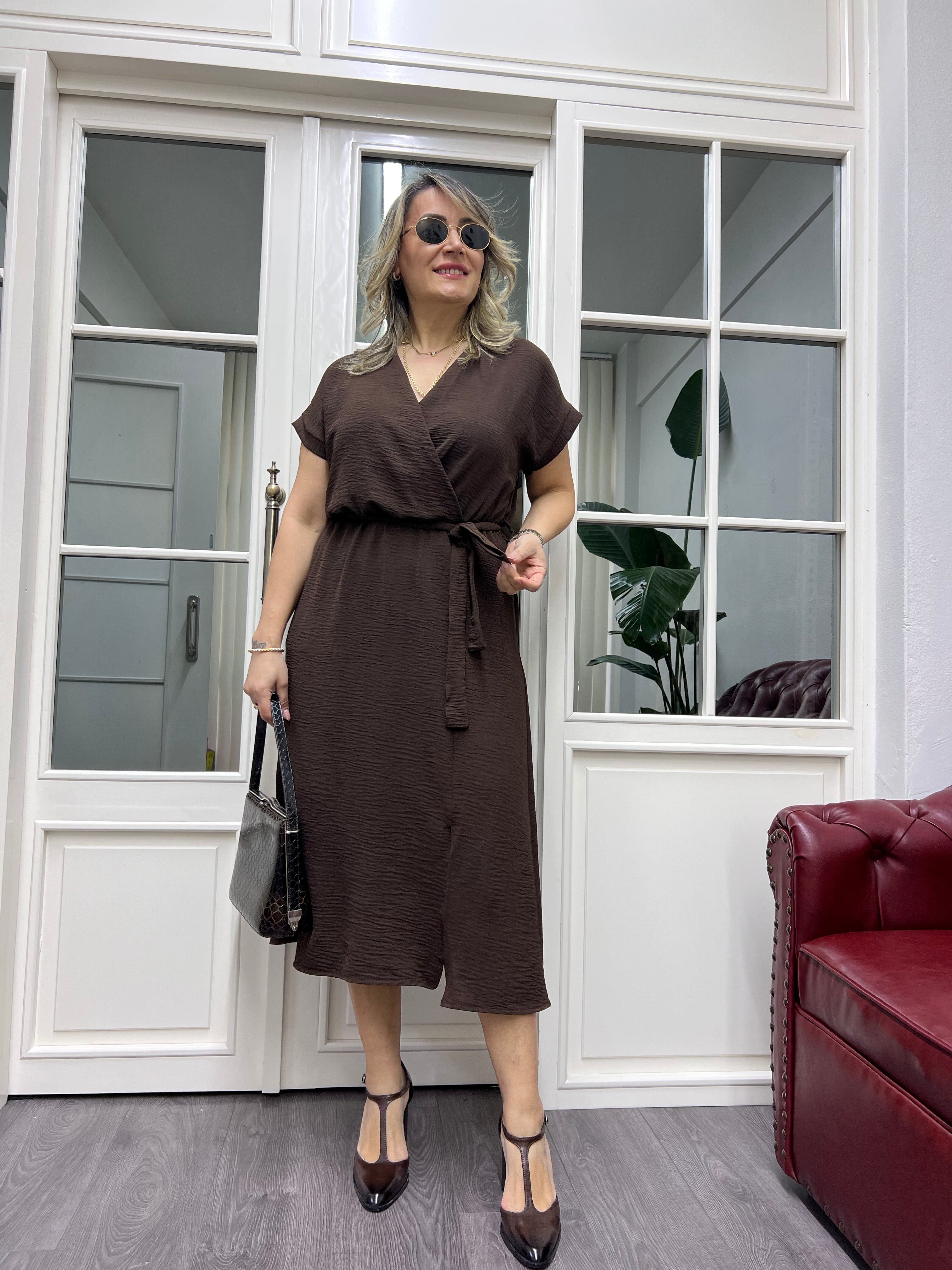 A01832 kruvaze beli lastikli beli bağlamalı ayrobin elbise
