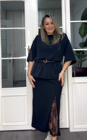 A02295 yanı dantelli beli lastikli likralı etek