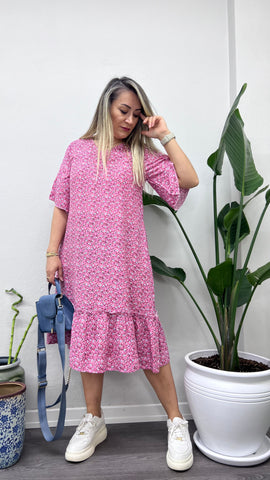 A032-pembe çıtır desen bodrum elbise