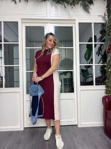 A02345 bordo bej garni likralı elbise