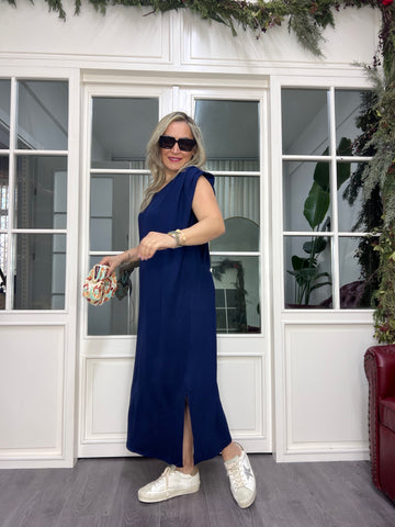 A02451 lacivert omuzu pilili likralı modal kumaş elbise