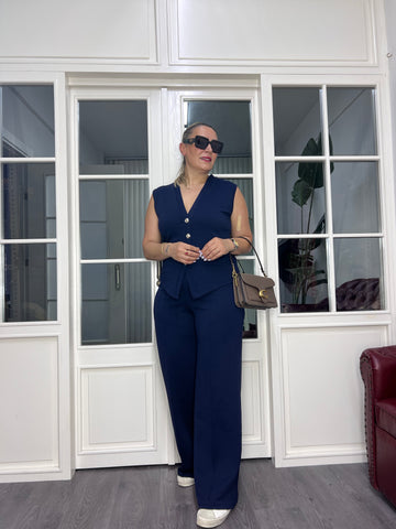 A02573 lacivert düğmeli ful likralı yelekli takım