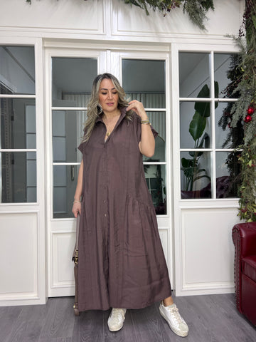 A02351 kahve tensel kumaş düğmeli bol elbise