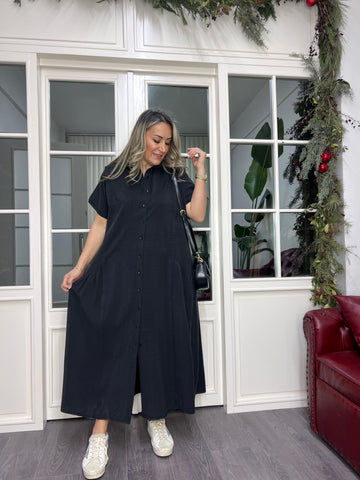 A02349 black Tencel fabric crepe buttoned dress