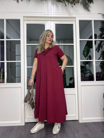 A02468 yakası güpürlü likralı uzun elbise