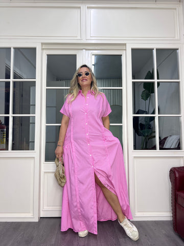 A02599 pembe çizgili poplin kumaş maxi elbise