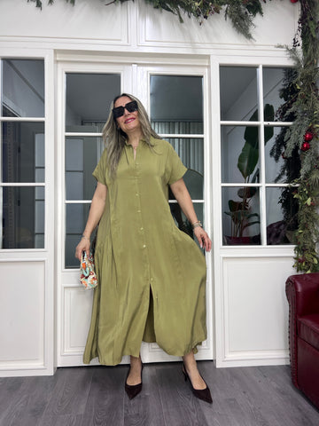 A02381 yakalı düğmeli owersize maxi elbise