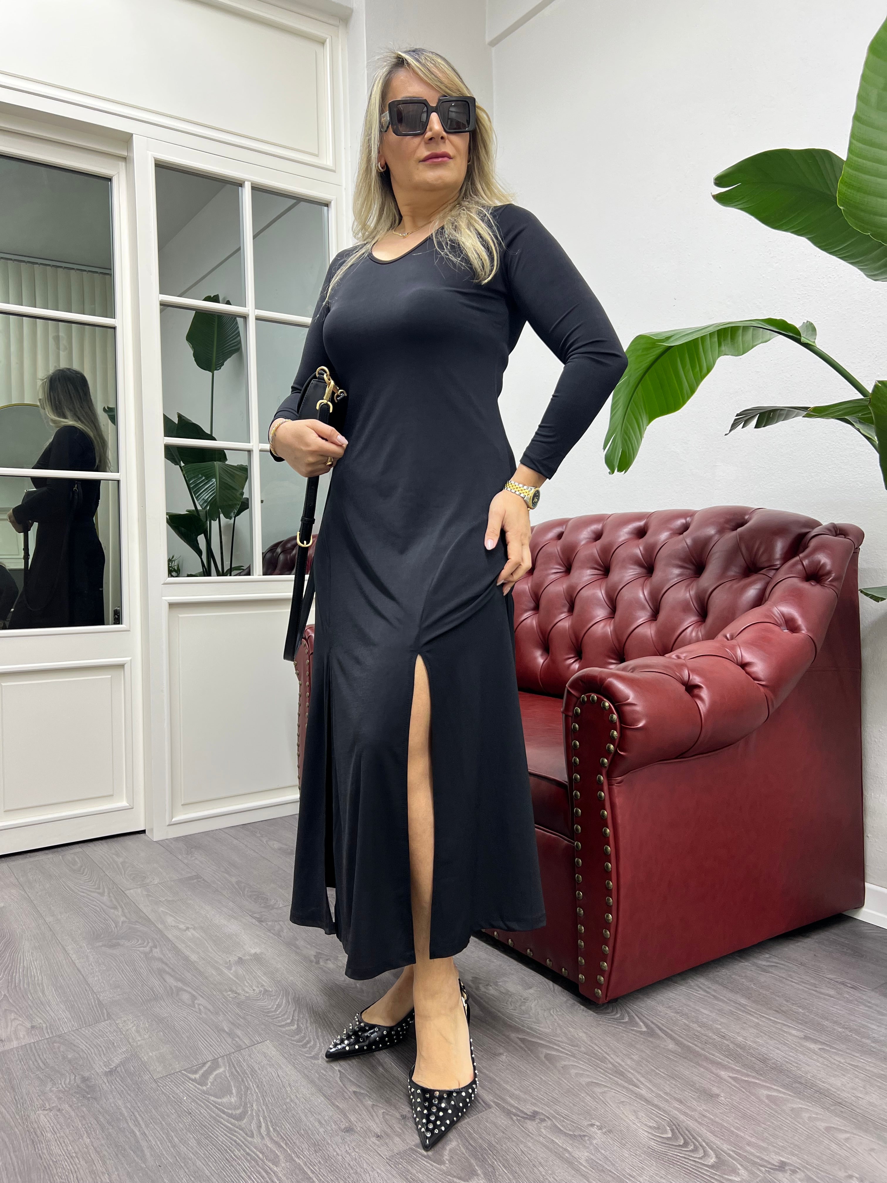 A01741 v yaka iki yanı yırtmaçlı likra elbise