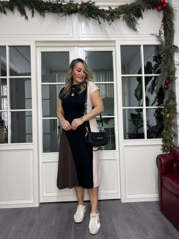 A02344 kahve siyah garni likralı elbise