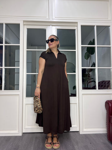 A02575 kahve yakalı likralı cepli maxi elbise