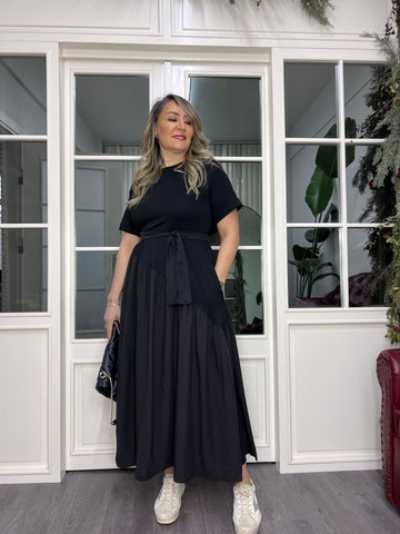 A02385 crepon shirred dress with tie-waist skirts