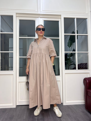A02559 collared beige poplin oversized dress