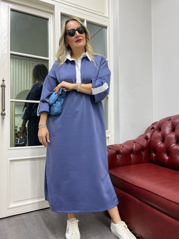 A01750 mavi yakası beyaz modal kumaş likra elbise