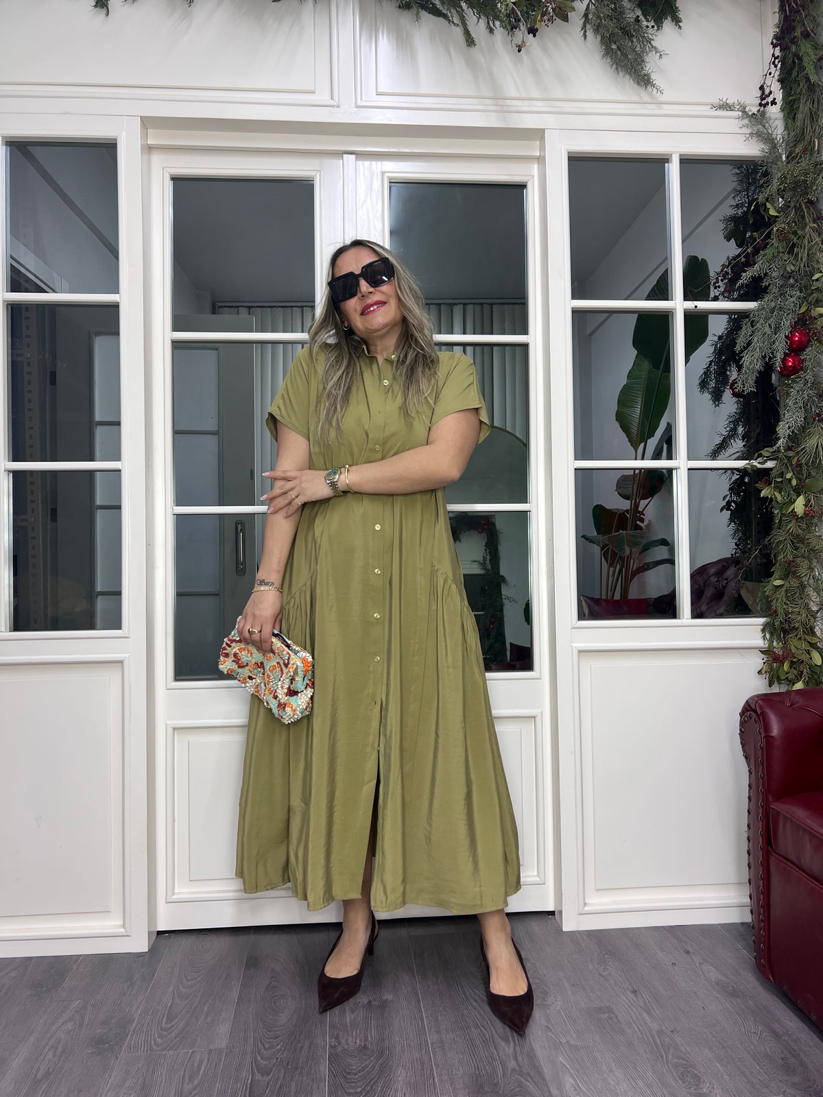 A02381 yakalı düğmeli owersize maxi elbise