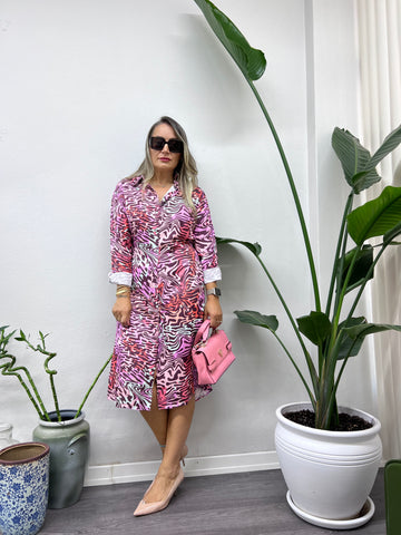 A01395 pembe zebra desen crep saten gömlek elbise