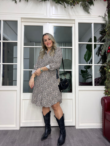 A02335 leopar desen viskon gömlek elbise