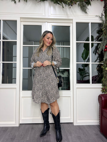 A02335 leopar desen viskon gömlek elbise