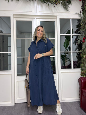 A02350 indigo mavisi tensel crep elbise