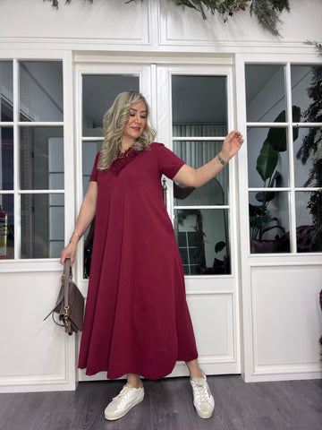 A02468 yakası güpürlü likralı uzun elbise
