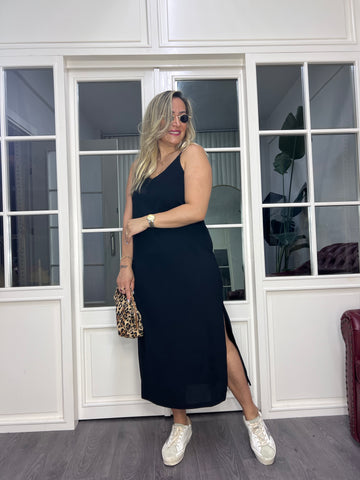 A02593 askılı likralı yırtmaçlı elbise