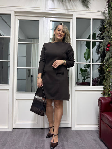 A02258 acı kahve fiyonklu elbise