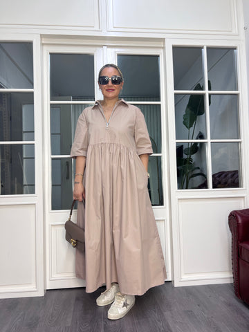 A02559 collared beige poplin oversized dress