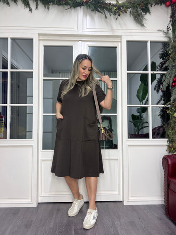 A02378 kahve likralı cepli elbise