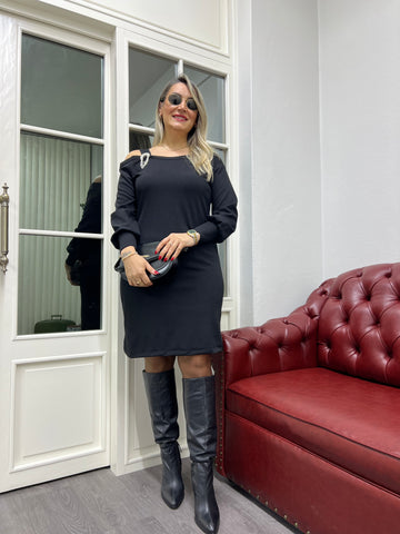 A01727 broşlu likralı omuz dekolte elbise