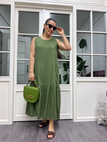 A01933 haki maxi boy viskon elbise