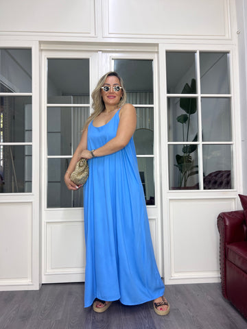 A02616 mavi ayarlı askılı keten maxi bol elbise
