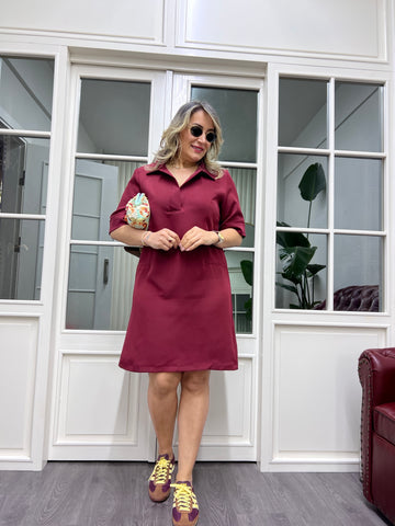 A01843 bordo yakalı kısa dokuma elbise