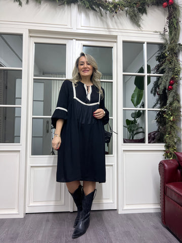 A02307 siyah saçaklı bol elbise