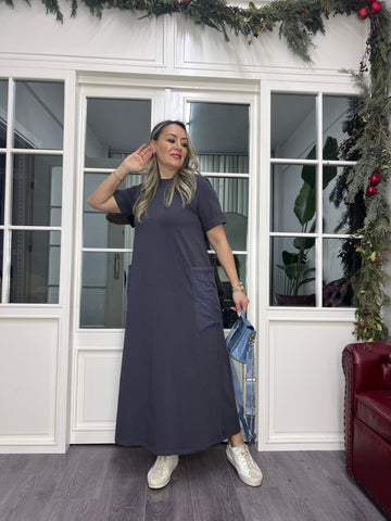 A02379 gri cepli likralı midi elbise