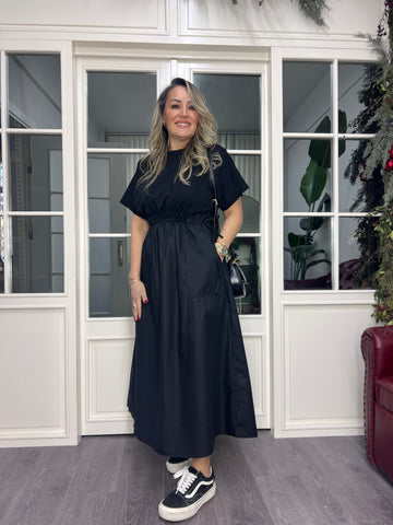 A02356 siyah etekleri poplin büzgülü elbise