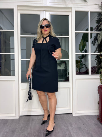 A02469 black stretch dress with tie neck