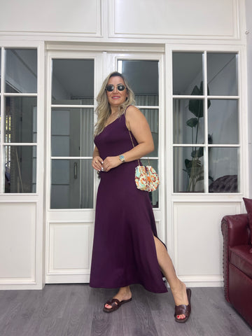 A02618 bordo askılı likralı yırtmaçlı elbise