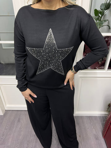A02246 yıldız desenli siyah triko