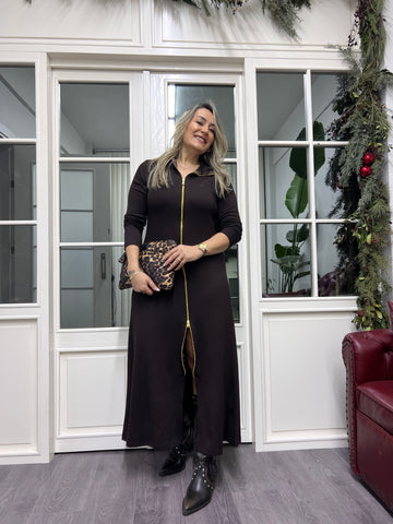 A02245 kahve fermuarlı likralı modal kumaş elbise