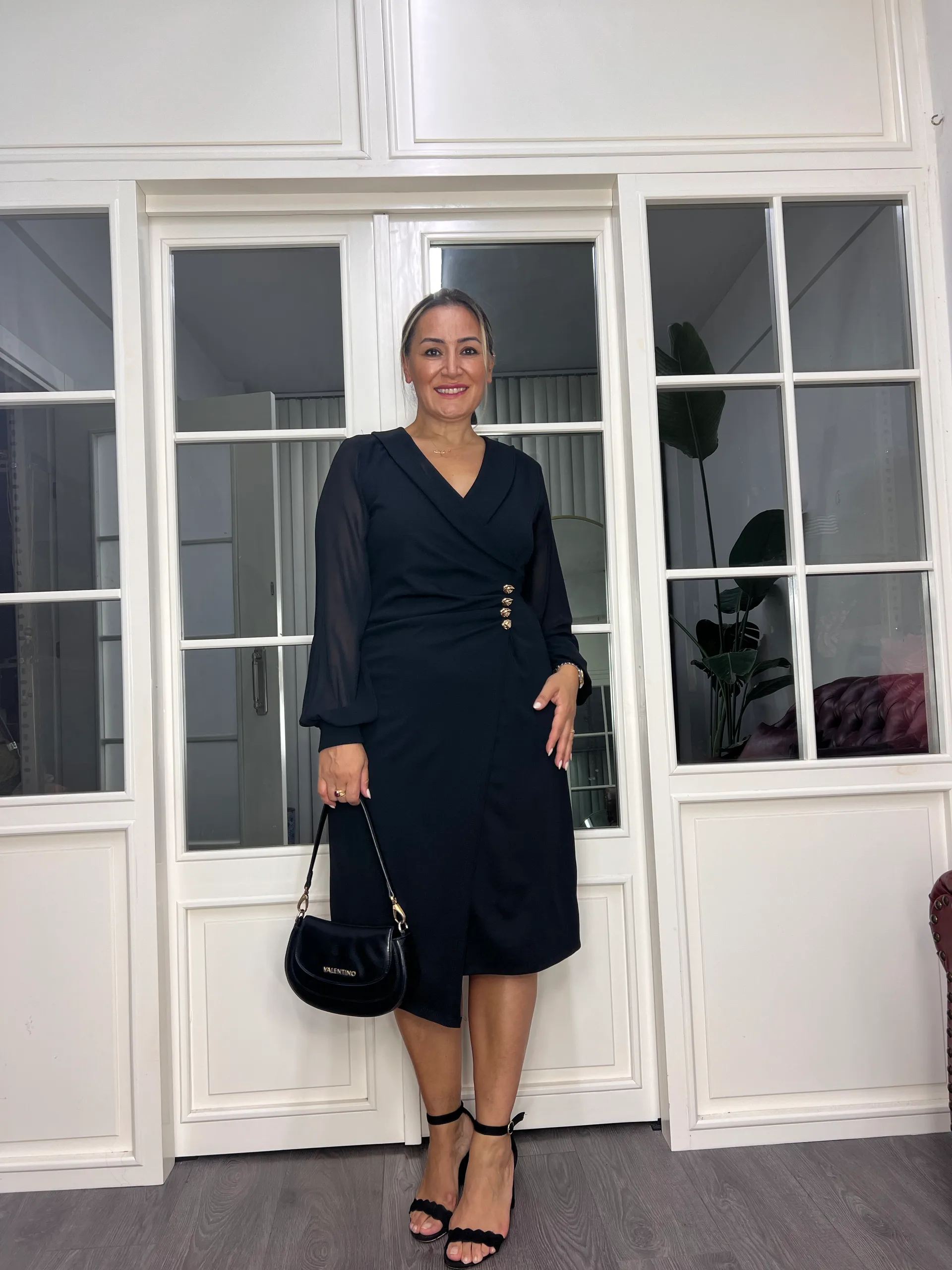 A02704 siyah kruvaze likralı elbise 