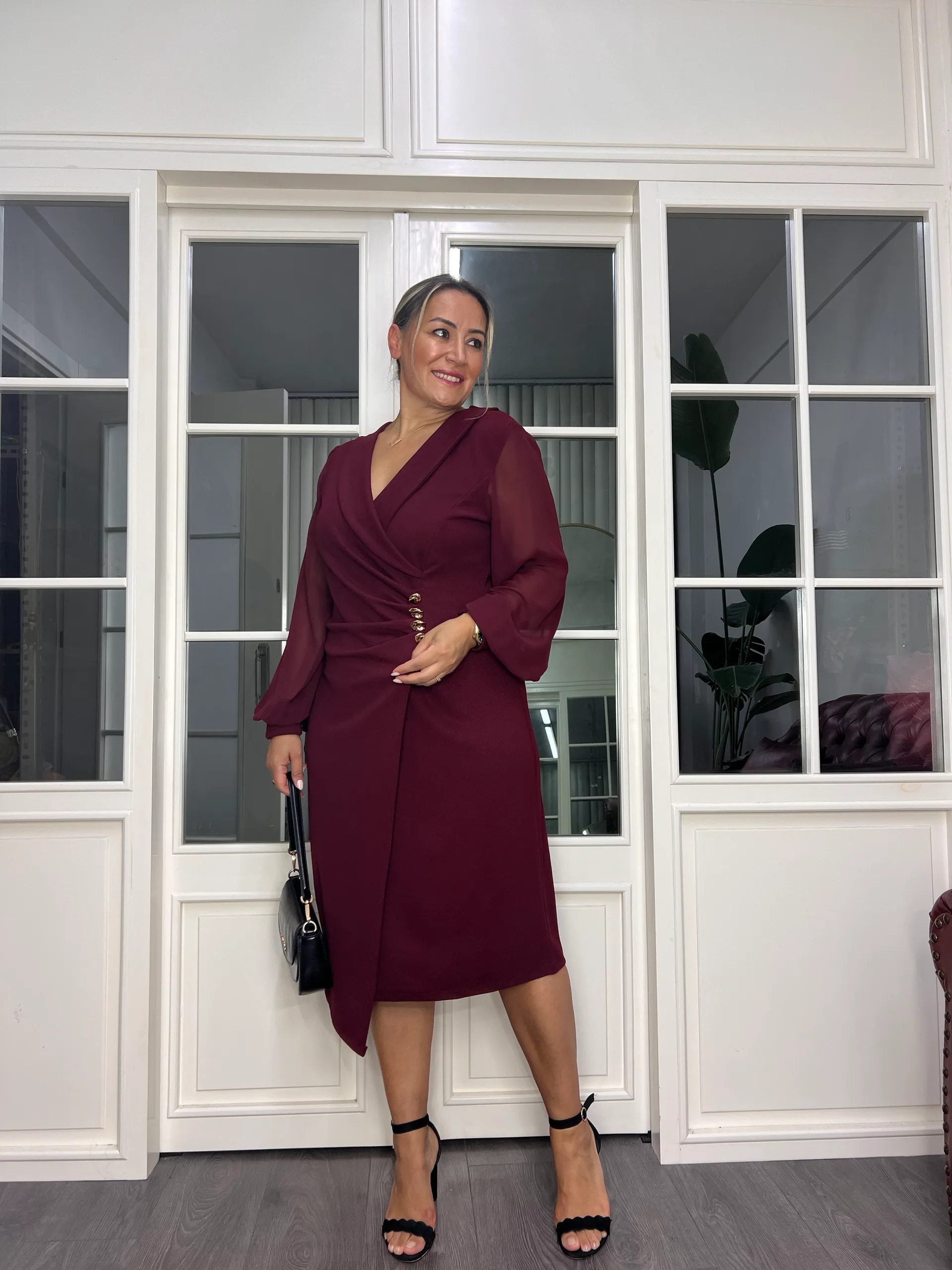 A02705 bordo kolu şifon kruvaze likralı elbise 