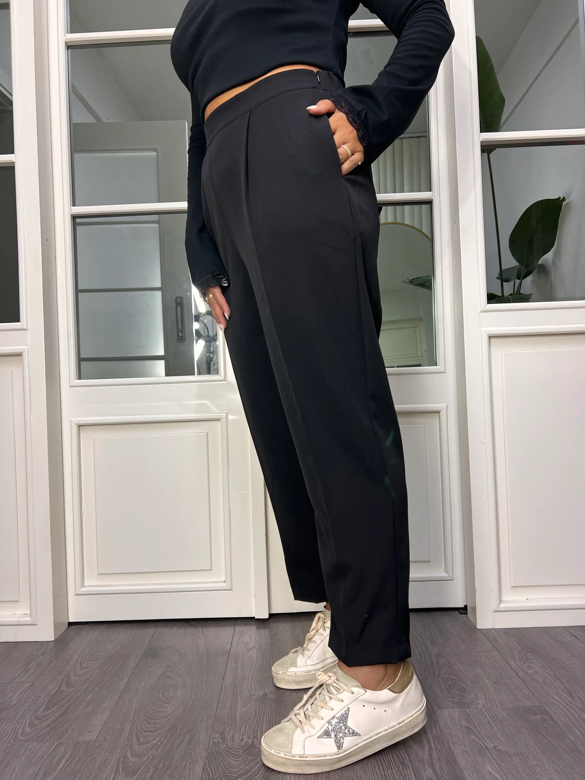 A02707 siyah beli lastikli likralı duble kumaş havuç pantolon 