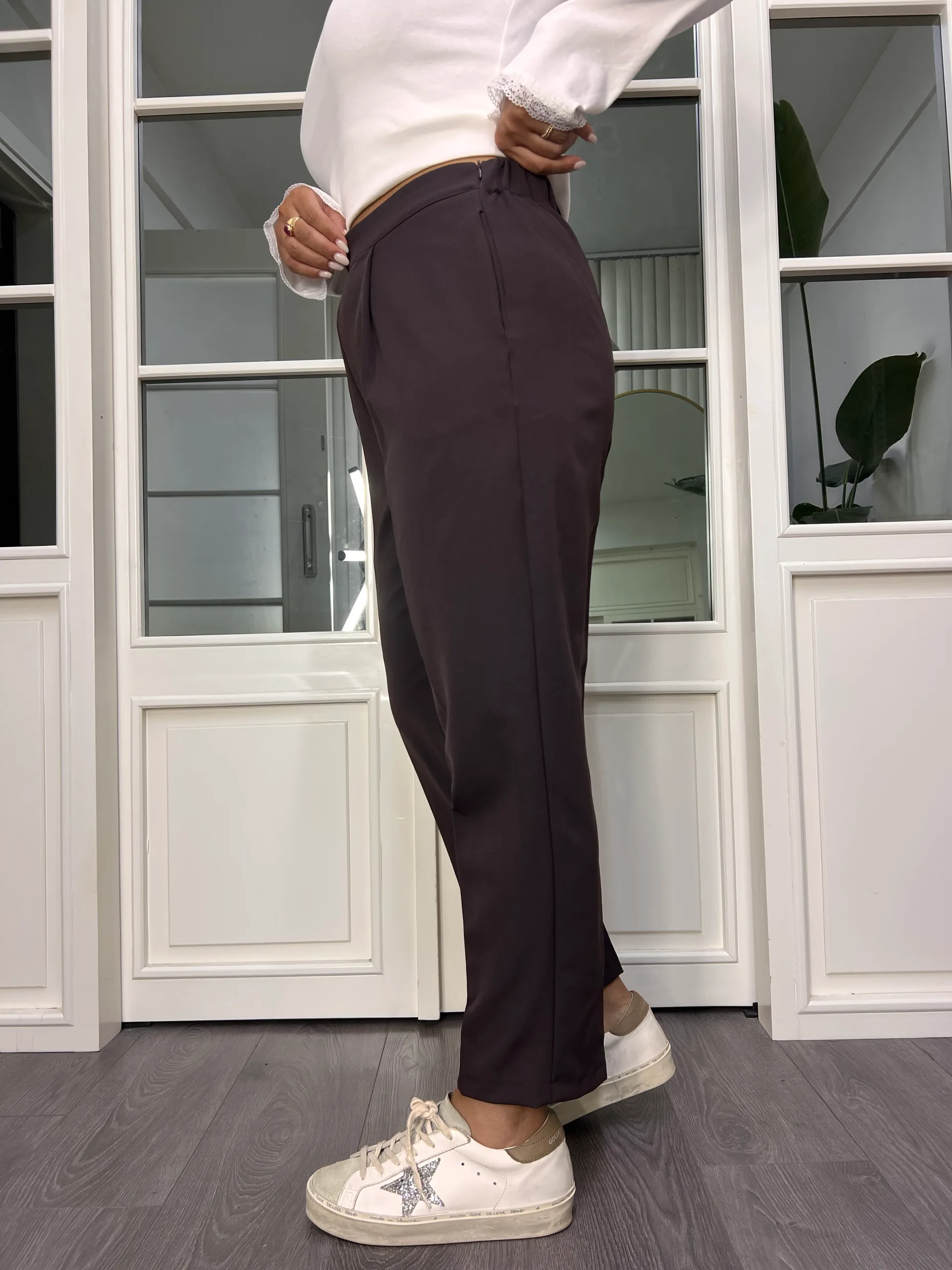 A02708 kahve  beli lastikli likralı duble kumaş havuç kesim