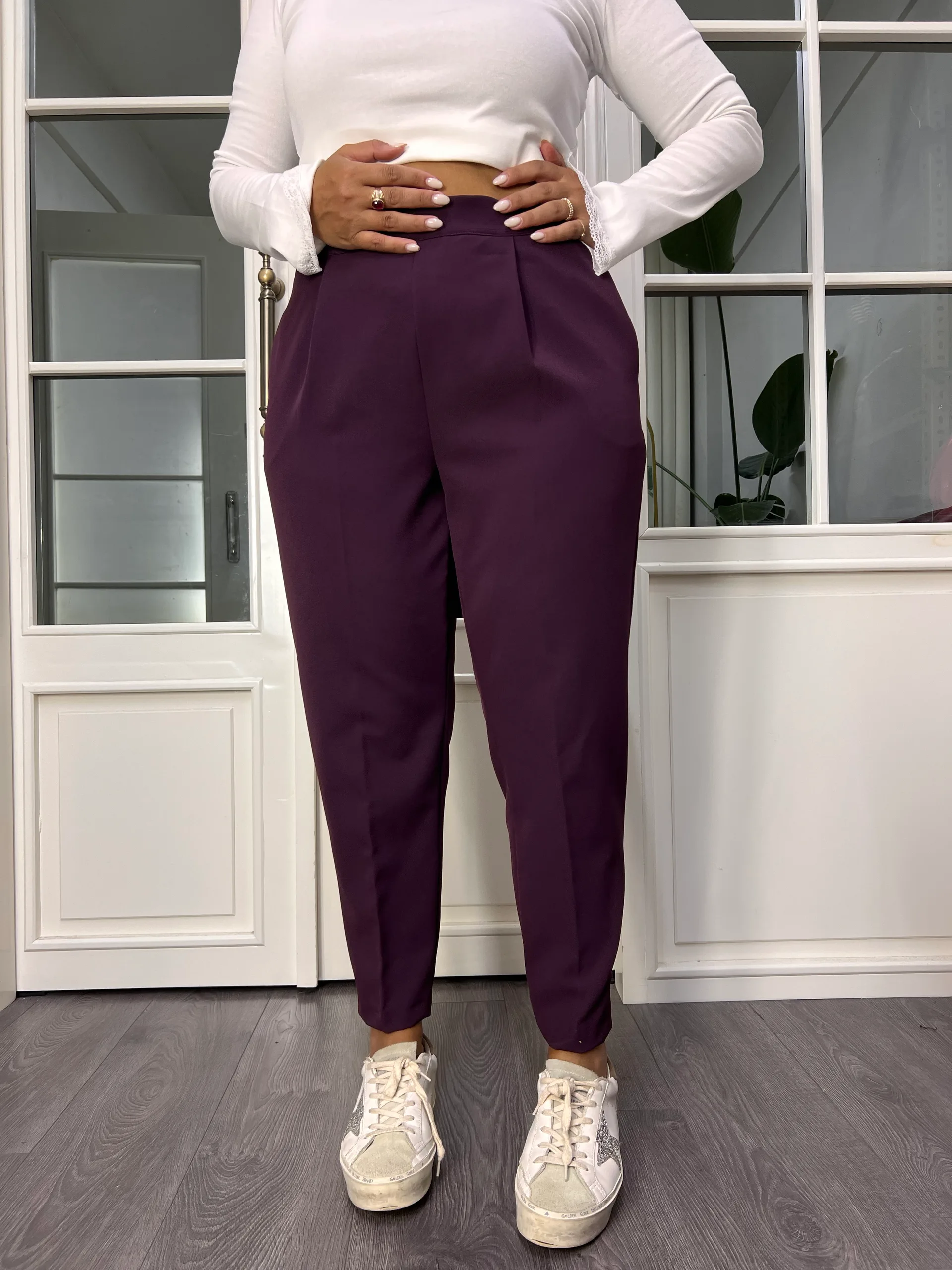 A02709 mürdüm beli lastikli duble likralı havuç kesim pantolon
