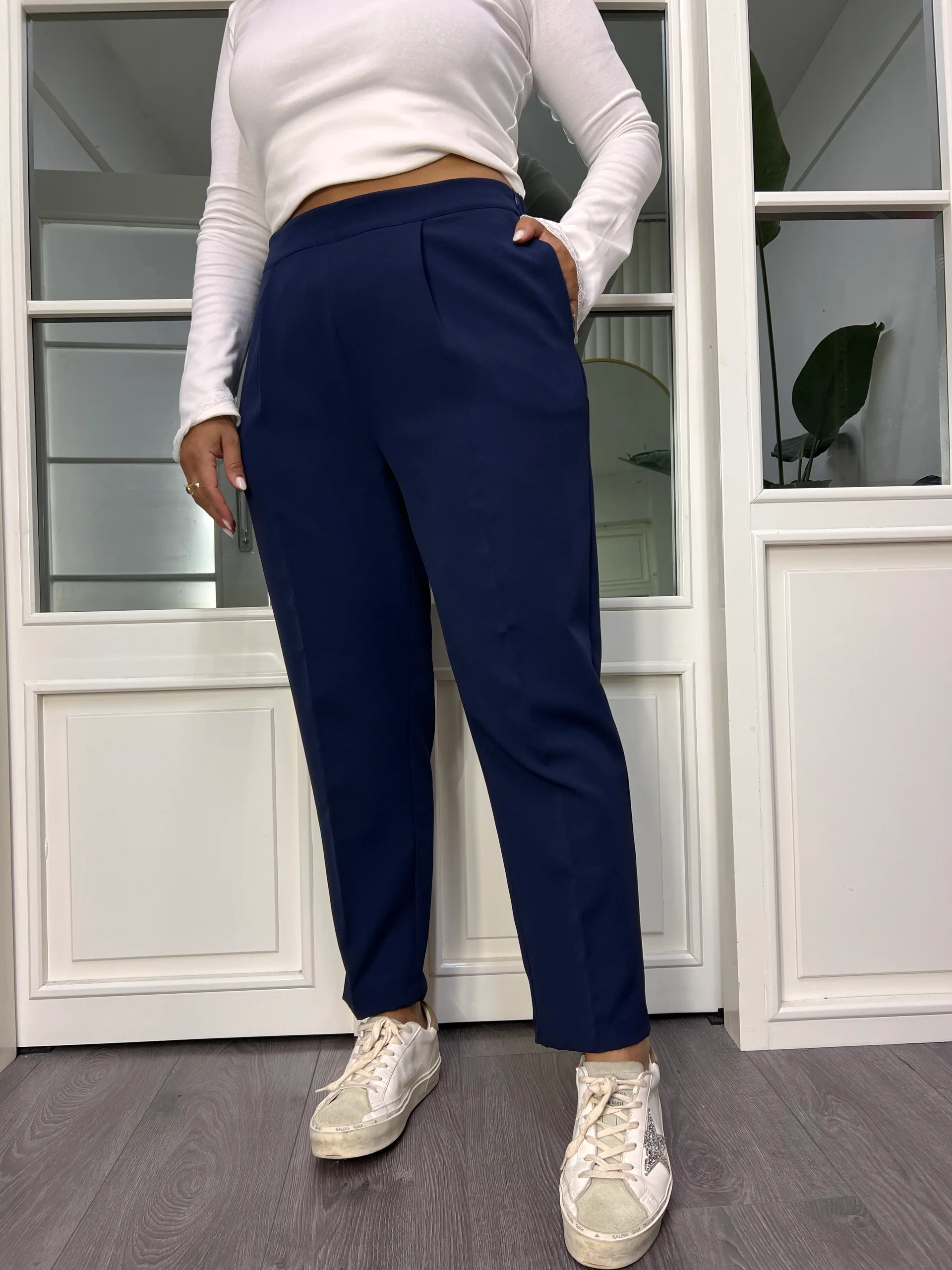 A02710 lacivert beli lastikli duble kumaş havuç kesim pantolon