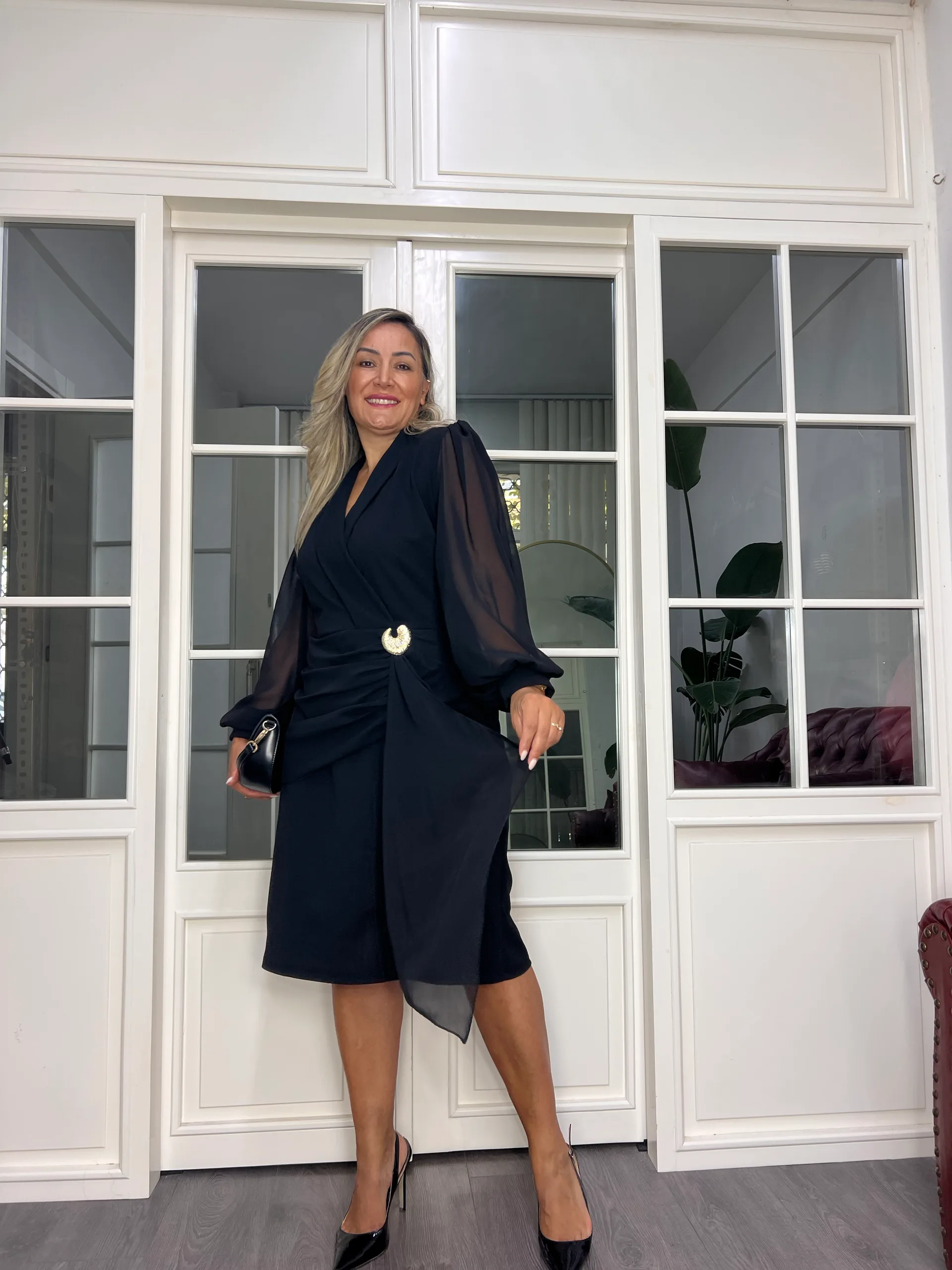 A02722 likralı kruvaze likralı şifon garni elbise 