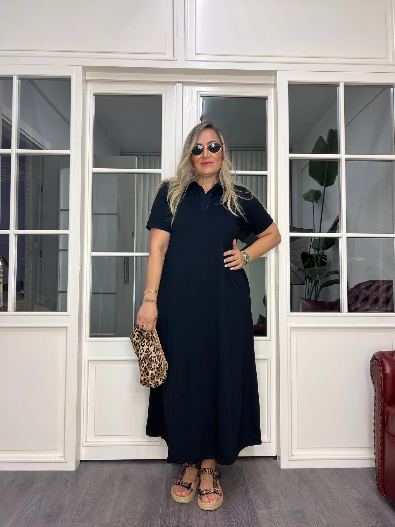 A02638 yakalı likralı siyah esnek düz kesim elbise
